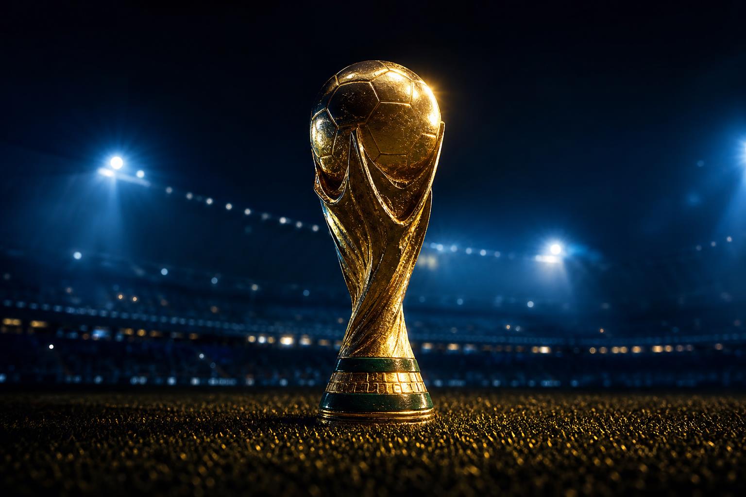 Gold World Cup style championship trophy glowing on a floodlit stadium pitch at night